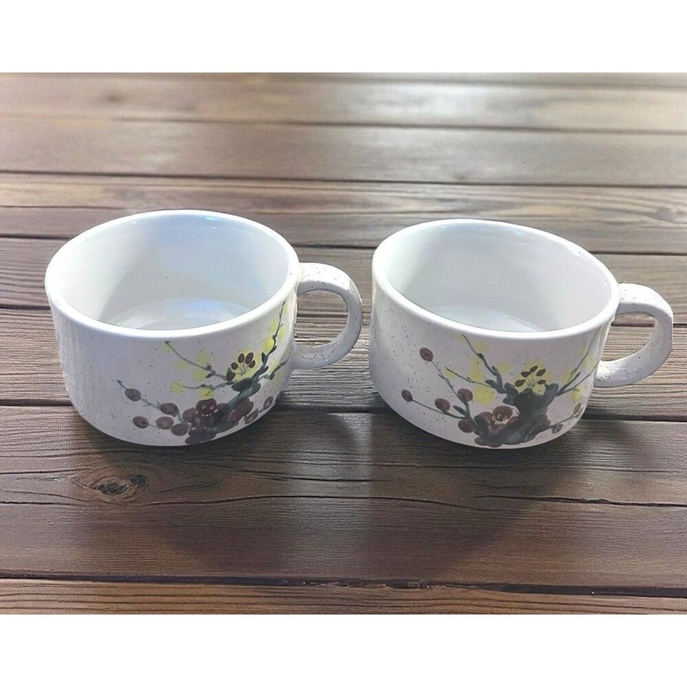 Vtg Pair Of Stoneware Floral Berries Soup Mugs Made In Korea